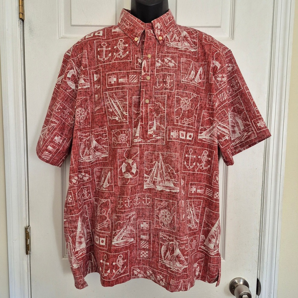 Reyn Spooner Mens XL Red Reverse Print Nautical Sailboat Hawaiian Pullover Shirt